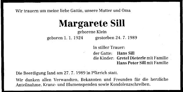 Klein Margarete 1924-1989 Todesanzeige